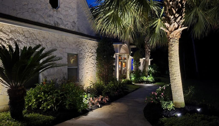 Outdoor landscape night lighting, YardBirds Landscaping, Kingwood TX.